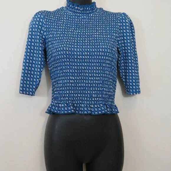 Sandro size 0 Molitor Smocked Top Blue Printed Half Sleeve Mock Neck NEW - Picture 3 of 6